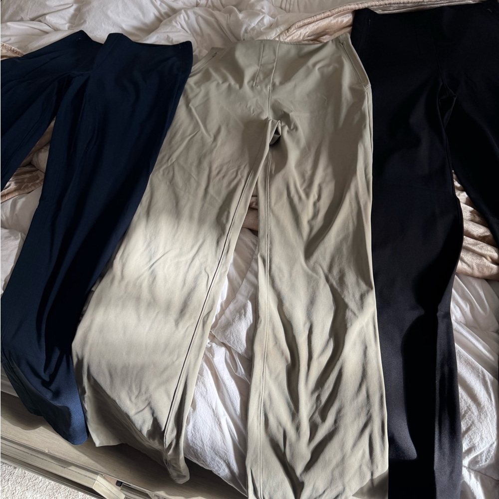3 Lululemon Smooth Fit Pull-On High-Rise Pants (navy, khaki and black)